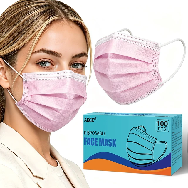 Main image of 100Pcs Disposable Face Masks, Pink Face Mask, 3 Ply Disposable Mask Breathable Mask with Elastic Ear Loops for Adults, Great for Outdoors, Home, Office, School