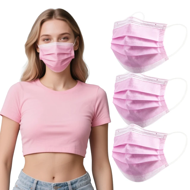Alt view image 2 of 7 - 100Pcs Disposable Face Masks, Pink Face Mask, 3 Ply Disposable Mask Breathable Mask with Elastic Ear Loops for Adults, Great for Outdoors, Home, Office, School