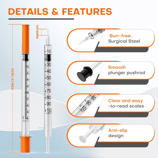 Alt view image 3 of 5 - 30G 1/4''(6mm) U-100 1mL/cc Lab Syringes and Needle Pack of 100 Individually Wrapped