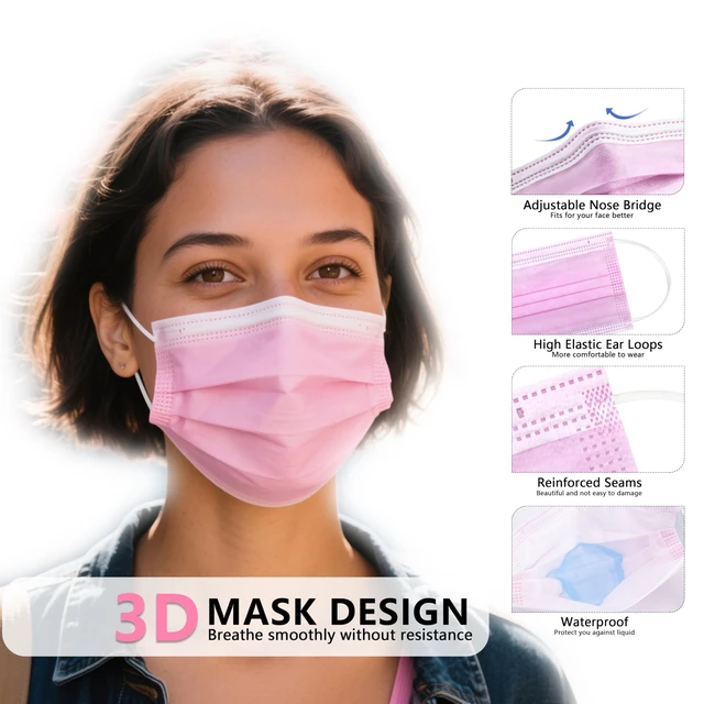 Alt view image 4 of 7 - 100Pcs Disposable Face Masks, Pink Face Mask, 3 Ply Disposable Mask Breathable Mask with Elastic Ear Loops for Adults, Great for Outdoors, Home, Office, School