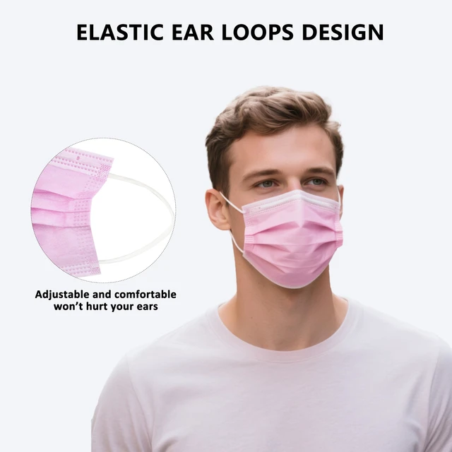 Alt view image 5 of 7 - 100Pcs Disposable Face Masks, Pink Face Mask, 3 Ply Disposable Mask Breathable Mask with Elastic Ear Loops for Adults, Great for Outdoors, Home, Office, School