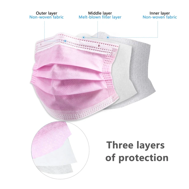 Alt view image 3 of 7 - 100Pcs Disposable Face Masks, Pink Face Mask, 3 Ply Disposable Mask Breathable Mask with Elastic Ear Loops for Adults, Great for Outdoors, Home, Office, School