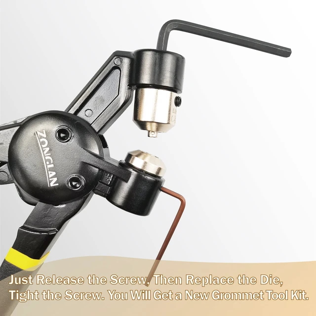 Alt view image 6 of 7 - Grommet Tool Kit, Eyelet Tool Multi-Purpose Handheld Manual Hole Punch Rivet Press Plier Crimper 3 Interchangeable Dies with 900 Set 7/32" 5/16" 3/8" Metal Grommets Washers