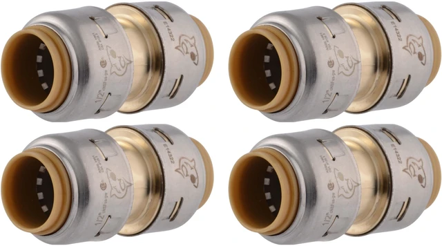 Main image of Max 1/2 Inch Coupling, Pack of 4, Push to Connect Brass Plumbing Fitting, PEX Pipe, Copper, CPVC, PE-RT, HDPE, UR008A4