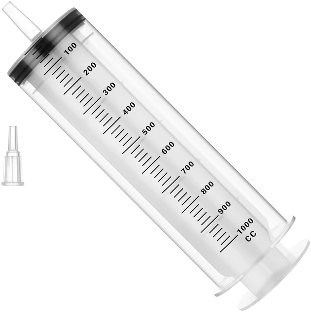 Main image of 1000mL Plastic Syringe for Liquid - Large Syringes with Adapter for Scientific Labs, Feeding, Oil Filling, Individually Wrapped, 1 Pack
