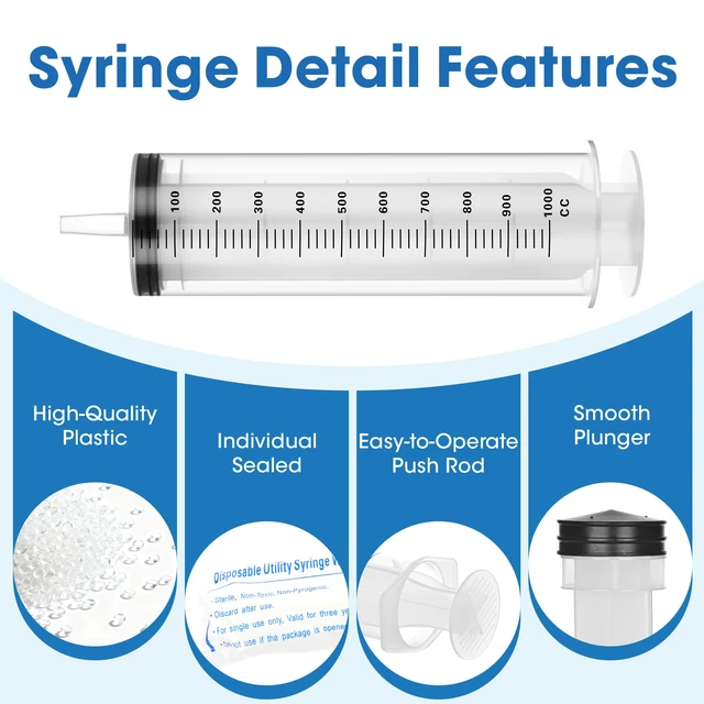 Alt view image 2 of 7 - 1000mL Plastic Syringe for Liquid - Large Syringes with Adapter for Scientific Labs, Feeding, Oil Filling, Individually Wrapped, 1 Pack