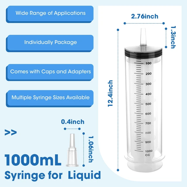 Alt view image 3 of 7 - 1000mL Plastic Syringe for Liquid - Large Syringes with Adapter for Scientific Labs, Feeding, Oil Filling, Individually Wrapped, 1 Pack