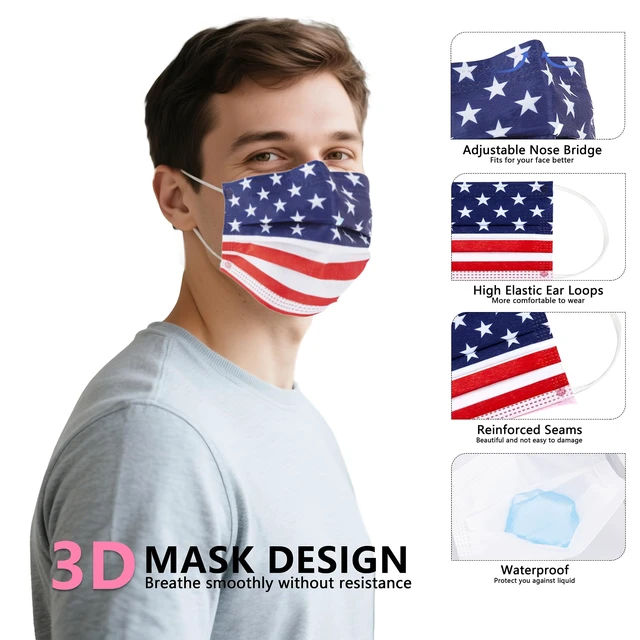 Alt view image 2 of 7 - 100PCS Disposable Face Masks with USA Flag Print, 3-Ply Face Mask Breathable Mask with Elastic Ear Loops for Adults, Great for Outdoors, Home, Office, School
