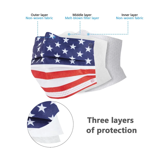 Alt view image 3 of 7 - 100PCS Disposable Face Masks with USA Flag Print, 3-Ply Face Mask Breathable Mask with Elastic Ear Loops for Adults, Great for Outdoors, Home, Office, School
