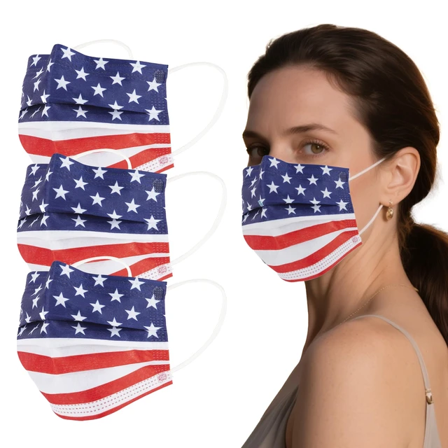Alt view image 4 of 7 - 100PCS Disposable Face Masks with USA Flag Print, 3-Ply Face Mask Breathable Mask with Elastic Ear Loops for Adults, Great for Outdoors, Home, Office, School