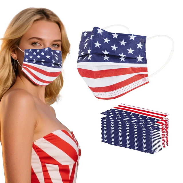 Alt view image 7 of 7 - 100PCS Disposable Face Masks with USA Flag Print, 3-Ply Face Mask Breathable Mask with Elastic Ear Loops for Adults, Great for Outdoors, Home, Office, School
