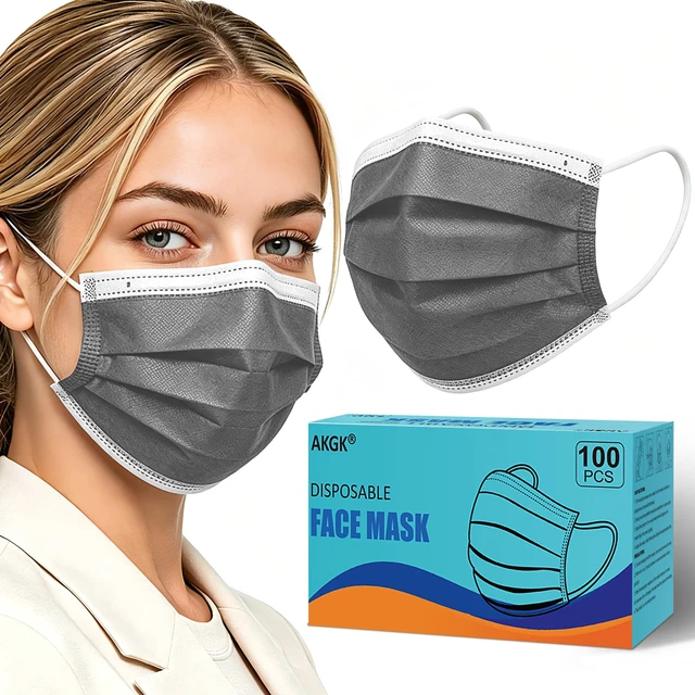 Main image of 100Pcs Disposable Face Masks, Grey Face Mask, 3 Ply Disposable Mask Breathable Mask with Elastic Ear Loops for Adults, Great for Outdoors, Home, Office, School