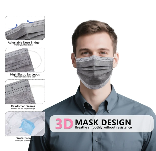 Alt view image 2 of 7 - 100Pcs Disposable Face Masks, Grey Face Mask, 3 Ply Disposable Mask Breathable Mask with Elastic Ear Loops for Adults, Great for Outdoors, Home, Office, School