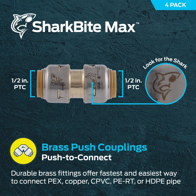 Alt view image 2 of 6 - Max 1/2 Inch Coupling, Pack of 4, Push to Connect Brass Plumbing Fitting, PEX Pipe, Copper, CPVC, PE-RT, HDPE, UR008A4