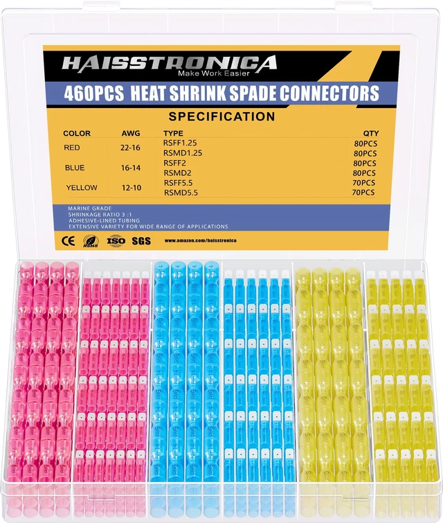 Main image of 460PCS Heat Shrink Spade Connectors, 22-10 AWG, Male/Female Quick Disconnect Wire Connectors for Automotive, Watercraft & Electronics, 3:1 Adhesive-Lined Crimp Terminals