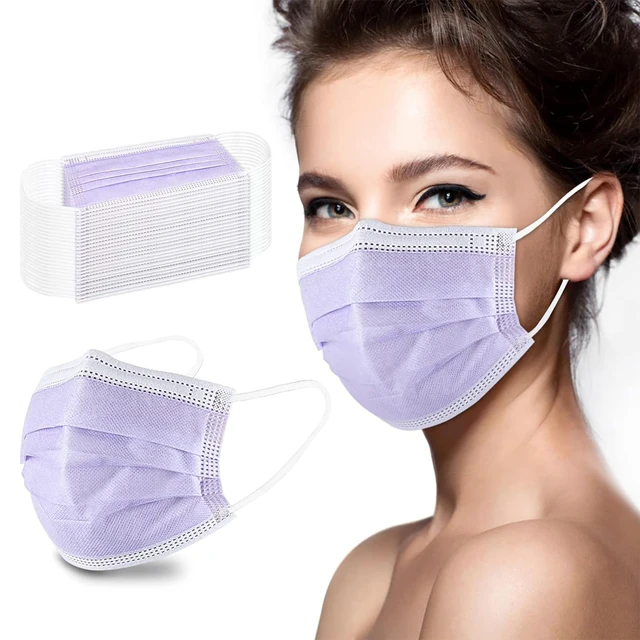 Alt view image 2 of 7 - 100Pcs Disposable Face Masks, Purple Face Mask, 3 Ply Disposable Mask Breathable Mask For Adults, Great For Outdoors, Home, Office, School