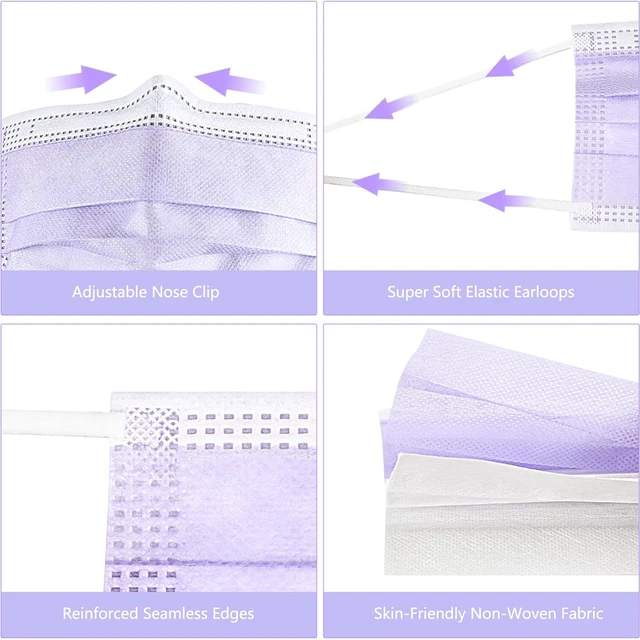 Alt view image 3 of 7 - 100Pcs Disposable Face Masks, Purple Face Mask, 3 Ply Disposable Mask Breathable Mask For Adults, Great For Outdoors, Home, Office, School