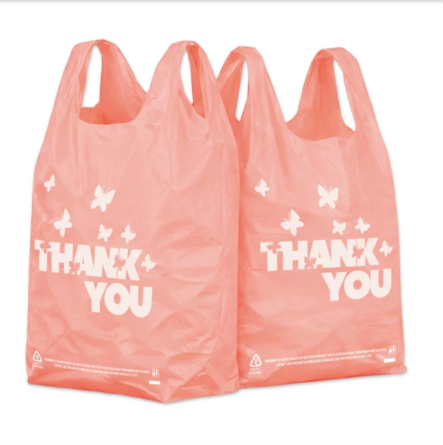 Main image of PINK Thank you bags, 200PCS T shirt bags, To Go Bags,Grocery bags, Reusable and Disposable,Perfect for Small Business,Take Out,Retails,11 inchx6 inchx21 inch(200),Large