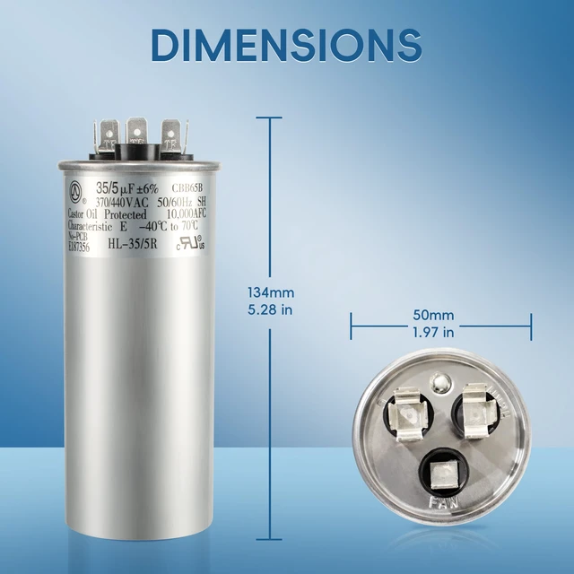 Alt view image 3 of 7 - 35+5 uF 35/5 MFD ±6% 370V/440VAC CBB65 Dual Run Circular Start Capacitor for Heat Pump Air ConditionerTen Years of Coverage