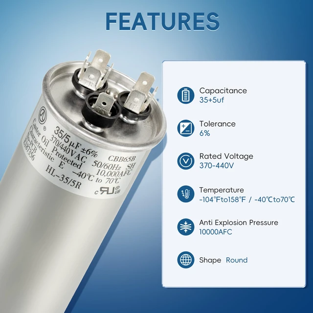 Alt view image 5 of 7 - 35+5 uF 35/5 MFD ±6% 370V/440VAC CBB65 Dual Run Circular Start Capacitor for Heat Pump Air ConditionerTen Years of Coverage