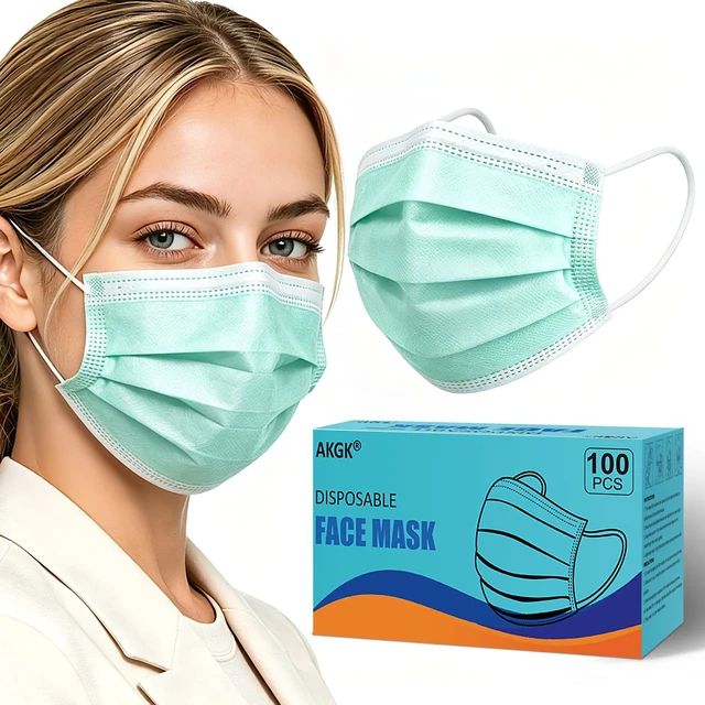 Main image of 100Pcs Disposable Face Masks, Green Face Mask, 3 Ply Disposable Mask Breathable Mask with Elastic Ear Loops for Adults, Great for Outdoors, Home, Office, School