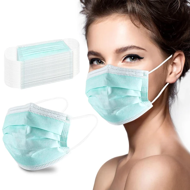 Alt view image 2 of 7 - 100Pcs Disposable Face Masks, Green Face Mask, 3 Ply Disposable Mask Breathable Mask with Elastic Ear Loops for Adults, Great for Outdoors, Home, Office, School