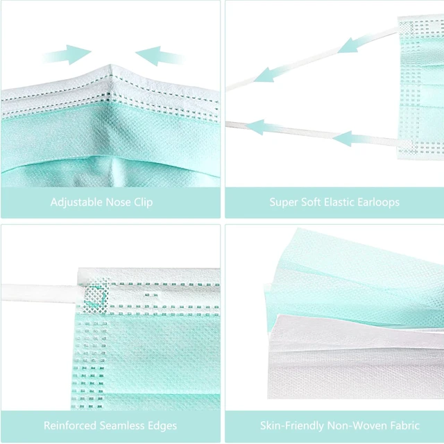 Alt view image 3 of 7 - 100Pcs Disposable Face Masks, Green Face Mask, 3 Ply Disposable Mask Breathable Mask with Elastic Ear Loops for Adults, Great for Outdoors, Home, Office, School
