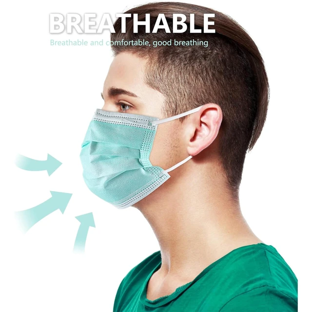 Alt view image 5 of 7 - 100Pcs Disposable Face Masks, Green Face Mask, 3 Ply Disposable Mask Breathable Mask with Elastic Ear Loops for Adults, Great for Outdoors, Home, Office, School