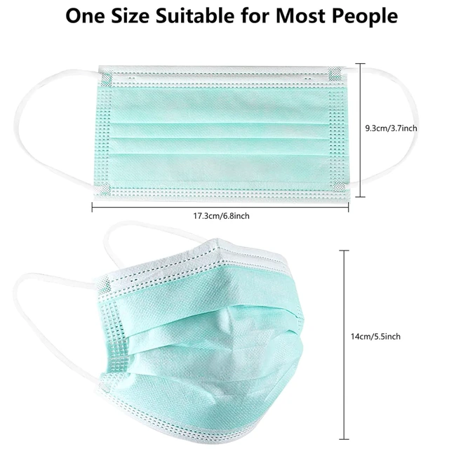 Alt view image 7 of 7 - 100Pcs Disposable Face Masks, Green Face Mask, 3 Ply Disposable Mask Breathable Mask with Elastic Ear Loops for Adults, Great for Outdoors, Home, Office, School