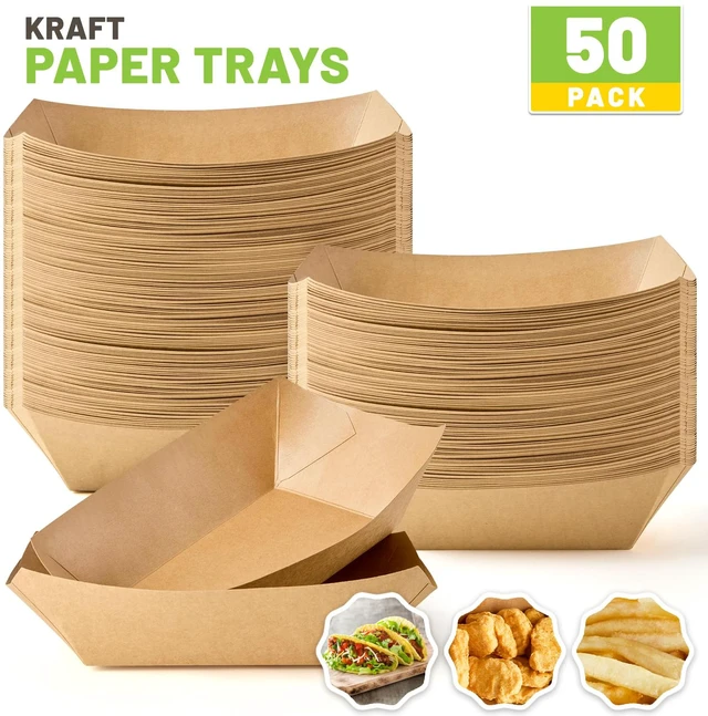 Alt view image 3 of 7 - 50 Pack 4 LB Large Paper Food Trays Disposable, Kraft Paper, Nacho Trays, Food Boats, Party Serving Basket, For Nachos Sandwiches Burgers Popcorns Salads Snacks