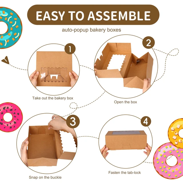Alt view image 3 of 7 - 45pcs Cookie Boxes with Window, 9x6x3in Auto-Popup Bakery Boxes, Brown Pastry Containers for Chocolate Covered Strawberries, Candy, Muffins, Donuts