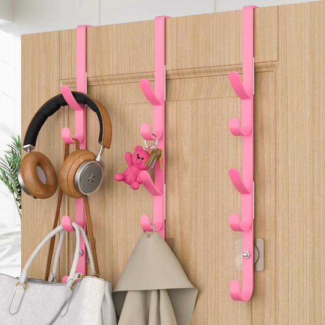 Main image of Over the Door Hooks, Metal Door Hooks for Hanging, Over the Door Purse Organizer for Coat Hanger, Back of Shower Door for Hanging Towel Rack Clothes, Hat, Bathroom, Closet (Pink-3Packs)