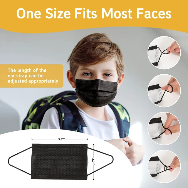 Alt view image 3 of 7 - 100Pcs Kids Disposable Face Mask Childrens Black Safety Masks Breathable Mask with Elastic Ear Loops for Kids, Great for Outdoors, Home, Office, School