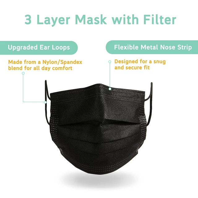 Alt view image 4 of 7 - 100Pcs Kids Disposable Face Mask Childrens Black Safety Masks Breathable Mask with Elastic Ear Loops for Kids, Great for Outdoors, Home, Office, School