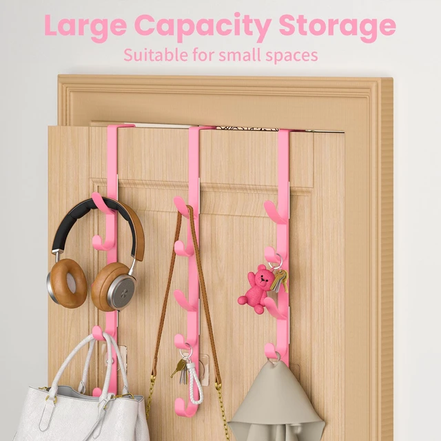 Alt view image 3 of 7 - Over the Door Hooks, Metal Door Hooks for Hanging, Over the Door Purse Organizer for Coat Hanger, Back of Shower Door for Hanging Towel Rack Clothes, Hat, Bathroom, Closet (Pink-3Packs)