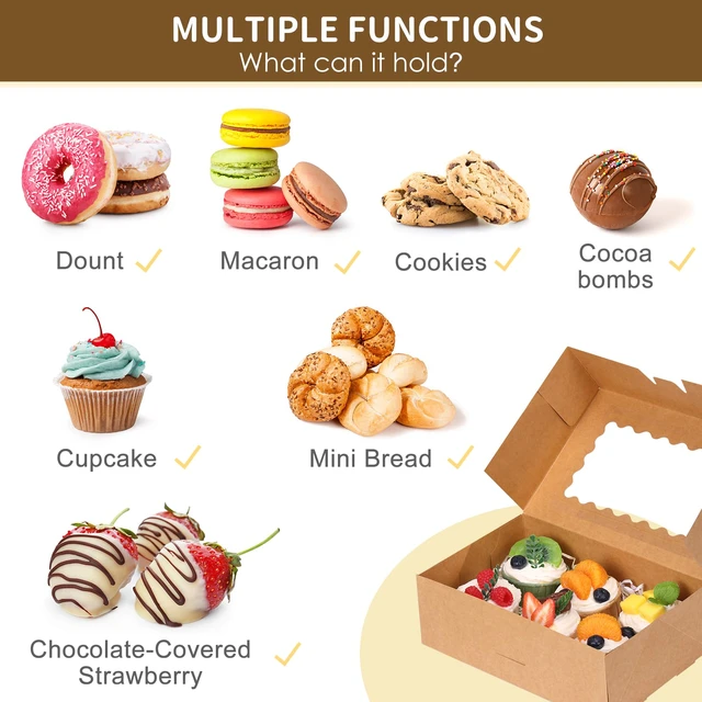 Alt view image 5 of 7 - 45pcs Cookie Boxes with Window, 9x6x3in Auto-Popup Bakery Boxes, Brown Pastry Containers for Chocolate Covered Strawberries, Candy, Muffins, Donuts