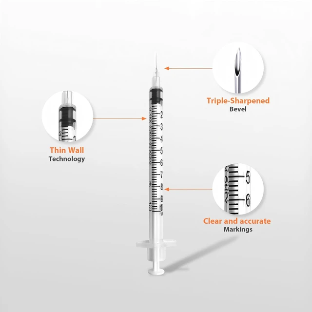 Alt view image 3 of 6 - 100 Pack U-100 1ml Syringes with Needle, 31G 5/16" 8mm 1cc Syringe Disposable Individual Package, High-Quality, Leak-Proof, Precise Scale Markings
