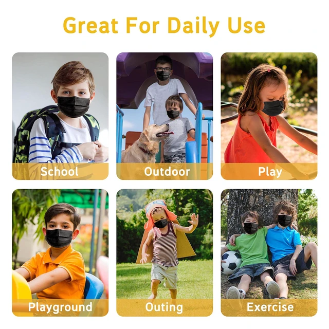 Alt view image 6 of 7 - 100Pcs Kids Disposable Face Mask Childrens Black Safety Masks Breathable Mask with Elastic Ear Loops for Kids, Great for Outdoors, Home, Office, School