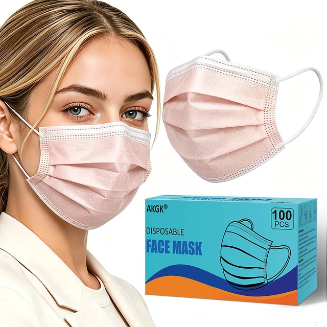 Main image of 100Pcs Disposable Face Masks, Blush Pink Face Mask, 3 Ply Mask Breathable Mask with Elastic Ear Loops for Adults, Great for Outdoors, Home, Office, School