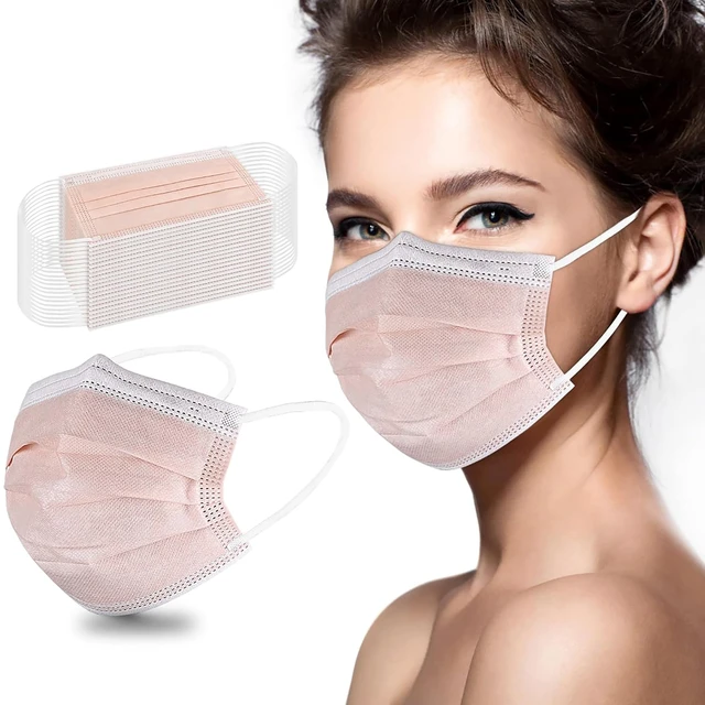Alt view image 2 of 7 - 100Pcs Disposable Face Masks, Blush Pink Face Mask, 3 Ply Mask Breathable Mask with Elastic Ear Loops for Adults, Great for Outdoors, Home, Office, School