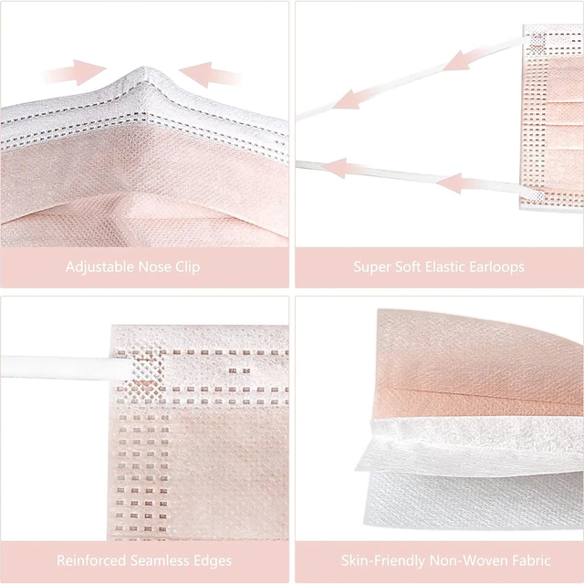 Alt view image 3 of 7 - 100Pcs Disposable Face Masks, Blush Pink Face Mask, 3 Ply Mask Breathable Mask with Elastic Ear Loops for Adults, Great for Outdoors, Home, Office, School