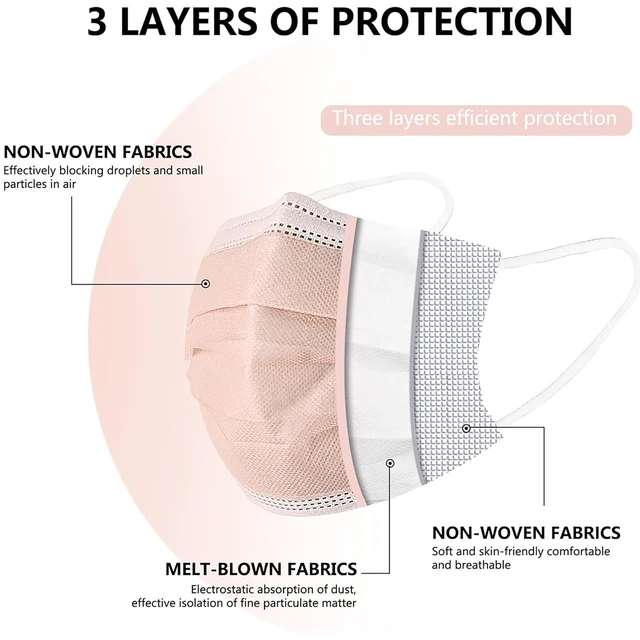 Alt view image 4 of 7 - 100Pcs Disposable Face Masks, Blush Pink Face Mask, 3 Ply Mask Breathable Mask with Elastic Ear Loops for Adults, Great for Outdoors, Home, Office, School