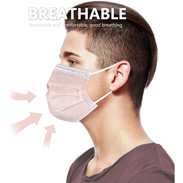 Alt view image 5 of 7 - 100Pcs Disposable Face Masks, Blush Pink Face Mask, 3 Ply Mask Breathable Mask with Elastic Ear Loops for Adults, Great for Outdoors, Home, Office, School