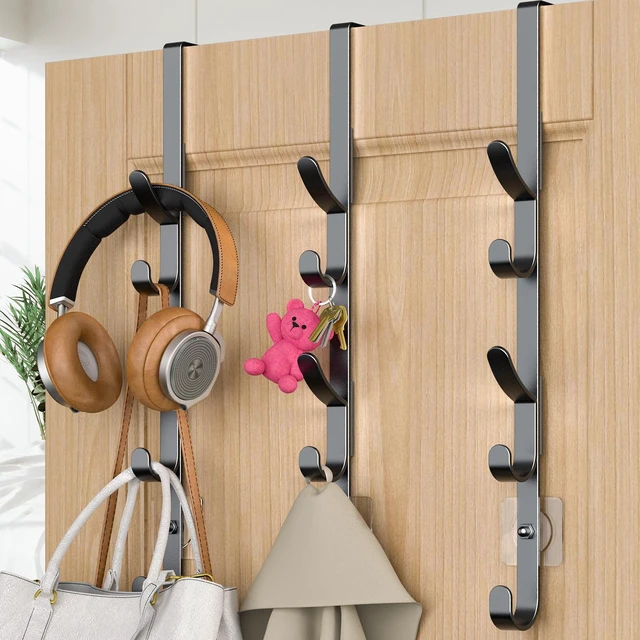 Main image of Over the Door Hooks, Metal Door Hooks for Hanging, Over the Door Purse Organizer for Coat Hanger, Back of Shower Door for Hanging Towel Rack Clothes, Hat, Bathroom, Closet (Black-3Packs)