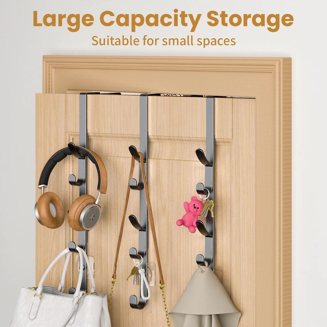 Alt view image 3 of 7 - Over the Door Hooks, Metal Door Hooks for Hanging, Over the Door Purse Organizer for Coat Hanger, Back of Shower Door for Hanging Towel Rack Clothes, Hat, Bathroom, Closet (Black-3Packs)