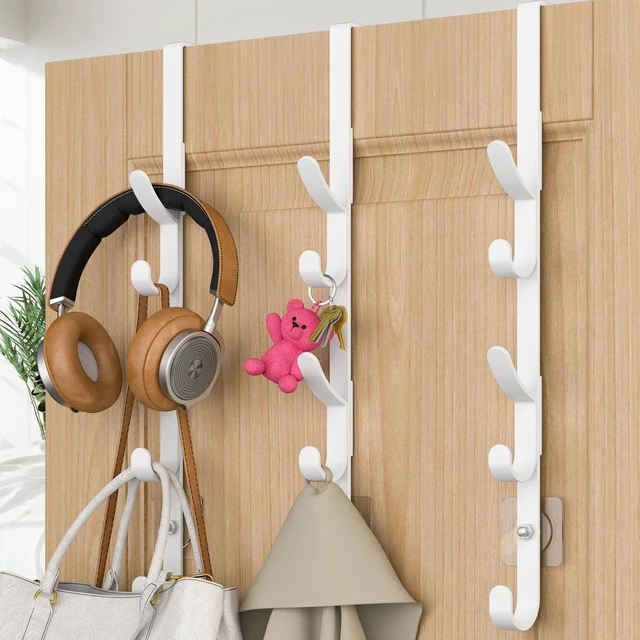Main image of Over the Door Hooks, Metal Door Hooks for Hanging, Over the Door Purse Organizer for Coat Hanger, Back of Shower Door for Hanging Towel Rack Clothes, Hat, Bathroom, Closet (White-3Packs)