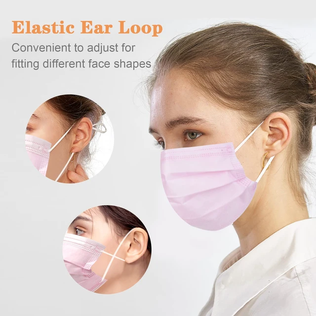 Alt view image 2 of 6 - 120 PCS Pink Masks, Disposable Face Mask, 3 Ply Protection Masks Non-Woven Fabric, Nose Clip Elastic Earloop Travel and Daily Use, Breathable Face Mask for Audlts,Pink