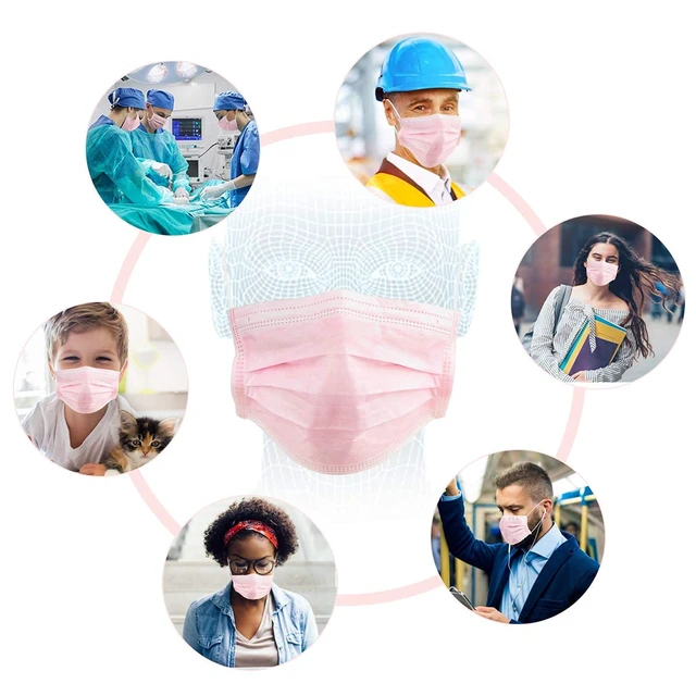 Alt view image 4 of 6 - 120 PCS Pink Masks, Disposable Face Mask, 3 Ply Protection Masks Non-Woven Fabric, Nose Clip Elastic Earloop Travel and Daily Use, Breathable Face Mask for Audlts,Pink
