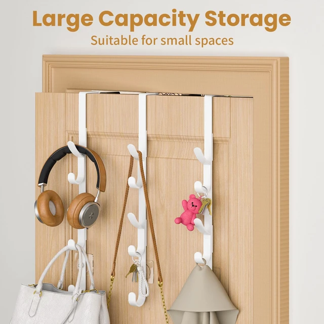Alt view image 3 of 7 - Over the Door Hooks, Metal Door Hooks for Hanging, Over the Door Purse Organizer for Coat Hanger, Back of Shower Door for Hanging Towel Rack Clothes, Hat, Bathroom, Closet (White-3Packs)