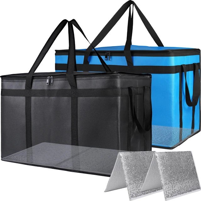 Main image of Cooler Insulated Food Delivery Bag with Bottom, 3XL, Black-Blue, 2PK Thermal Bags for Catering/Hot Pizza, Travel/Camping/Picnic Basket, Grocery Reusable Warmer Frozen, Heavy Duty, Large Capacity
